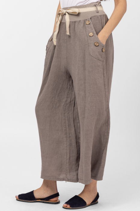 Pantaloni largi de vara, din in, cu nasturi din lemn la buzunare, bej inchis [2]