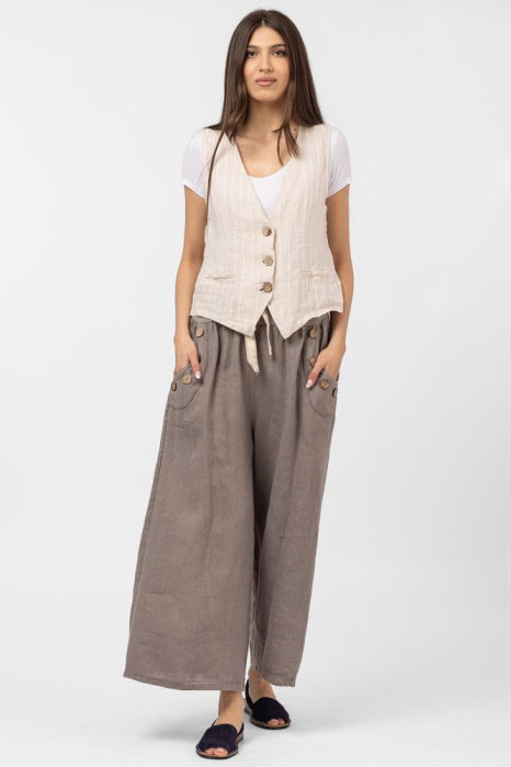Pantaloni largi de vara, din in, cu nasturi din lemn la buzunare, bej inchis [4]