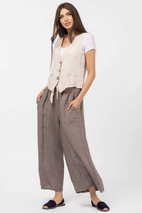 Pantaloni largi de vara, din in, cu nasturi din lemn la buzunare, bej inchis [5]
