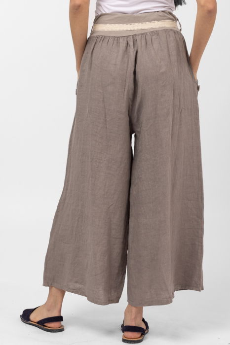 Pantaloni largi de vara, din in, cu nasturi din lemn la buzunare, bej inchis [3]