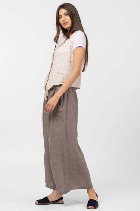 Pantaloni largi de vara, din in, cu nasturi din lemn la buzunare, bej inchis [6]