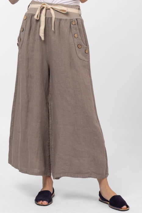 Pantaloni largi de vara, din in, cu nasturi din lemn la buzunare, bej inchis