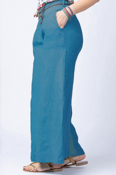 Fusta pantalon turcoaz inchis casual, din in, cu o curea fancy [2]