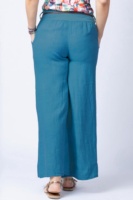 Fusta pantalon turcoaz inchis casual, din in, cu o curea fancy [6]