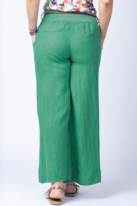 Fusta pantalon verde, casual, din in, cu o curea fancy [3]