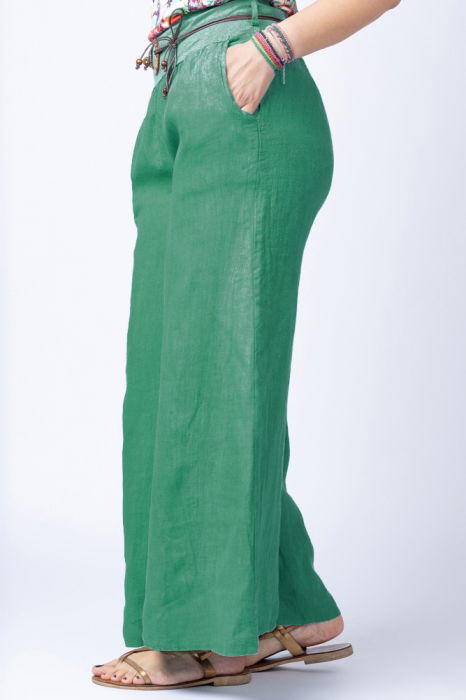 Fusta pantalon verde, casual, din in, cu o curea fancy [2]