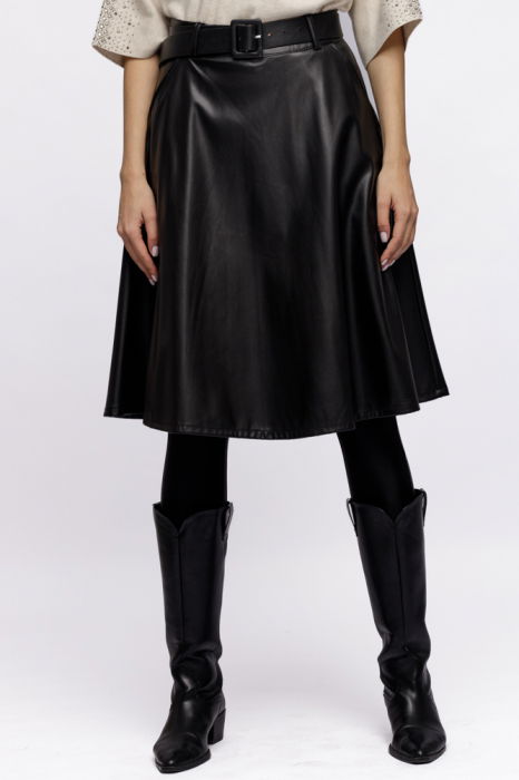 Fusta midi neagra, A-line, din piele ecologica [2]