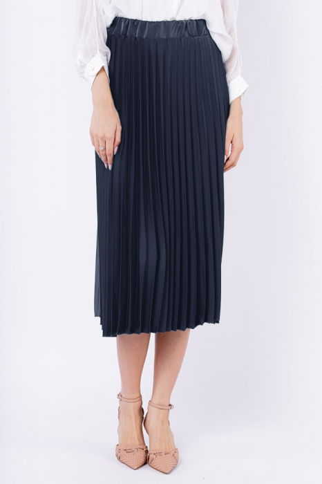 Fusta plisata, satinata, midi, bleumarin [2]