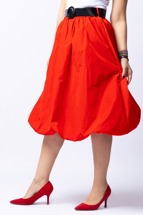 Fusta rosie midi, tip gogosar, din tafta, cu curea [7]