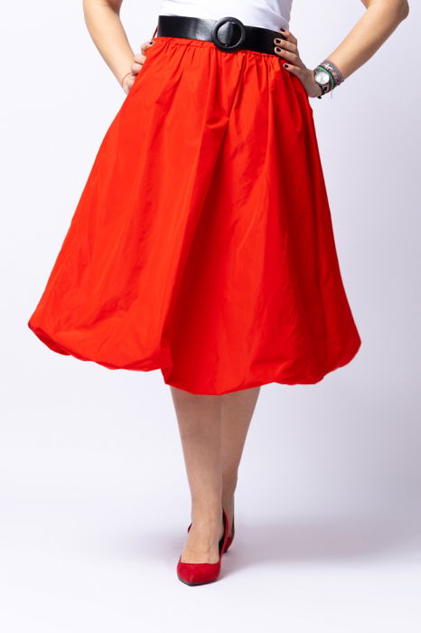Fusta rosie midi, tip gogosar, din tafta, cu curea [1]