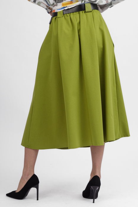 Fusta verde cu pliuri in talie din punto milano, cu curea [3]