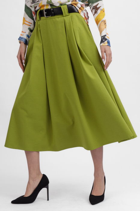 Fusta verde cu pliuri in talie din punto milano, cu curea [2]