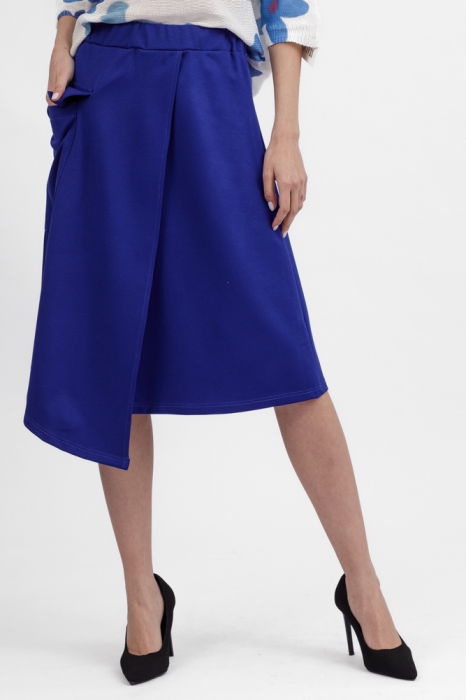 Fusta albastra midi petrecuta din punto milano, cu buzunar aplicat si colt [2]