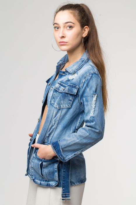 Geaca dreapta de blugi, denim, cu cordon in talie