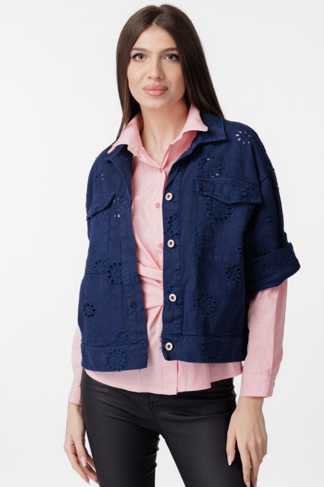 Geaca dama subtire, de blugi cu broderie sparta, bleumarin [1]