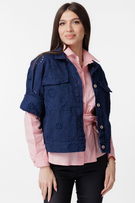 Geaca dama subtire, de blugi cu broderie sparta, bleumarin [2]
