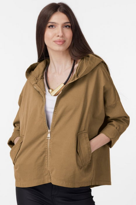 Geaca dama subtire, de blugi cu gluga si despicatura spate, camel [1]