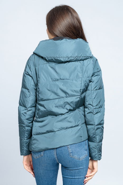 Geaca eleganta asimetrica de puf cu guler dublu, amplu, turcoaz-negru [4]