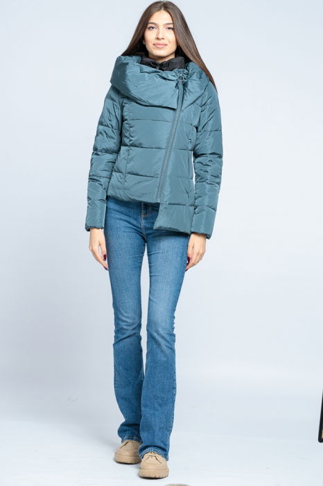 Geaca eleganta asimetrica de puf cu guler dublu, amplu, turcoaz-negru [5]