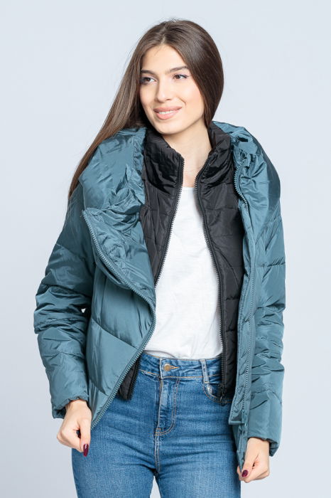 Geaca eleganta asimetrica de puf cu guler dublu, amplu, turcoaz-negru [2]