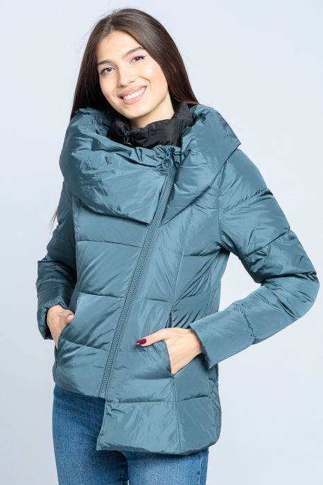Geaca eleganta asimetrica de puf cu guler dublu, amplu, turcoaz-negru [1]