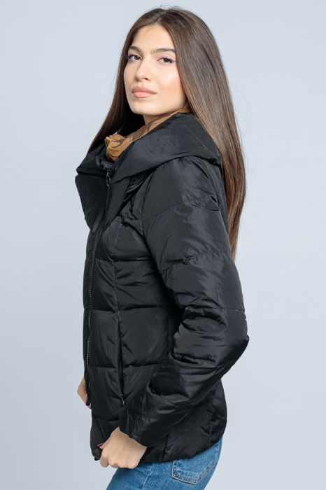 Geaca eleganta de puf cu guler dublu, amplu, negru-camel [4]