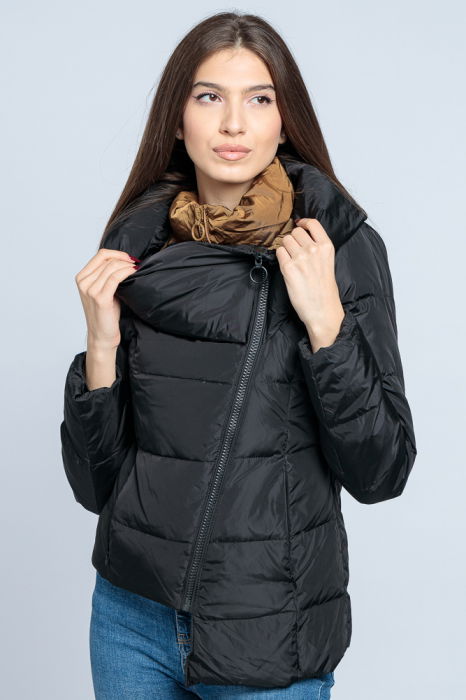 Geaca eleganta de puf cu guler dublu, amplu, negru-camel [2]