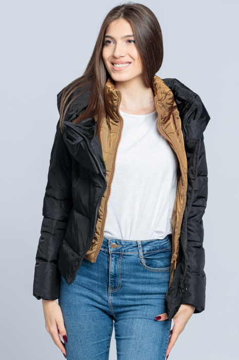 Geaca eleganta de puf cu guler dublu, amplu, negru-camel [3]