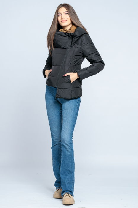 Geaca eleganta de puf cu guler dublu, amplu, negru-camel [6]