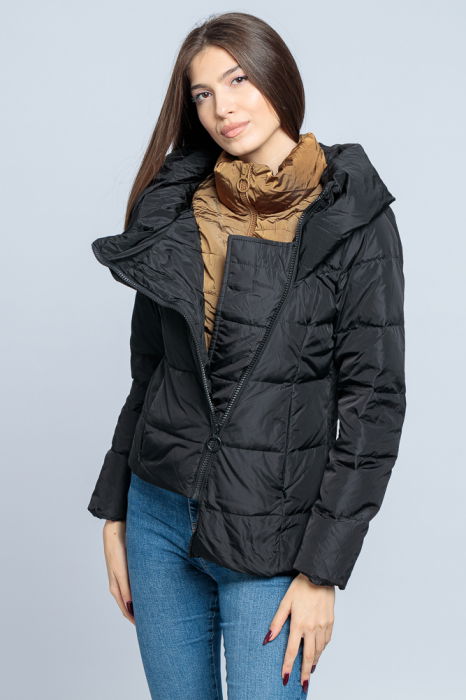 Geaca eleganta de puf cu guler dublu, amplu, negru-camel [1]