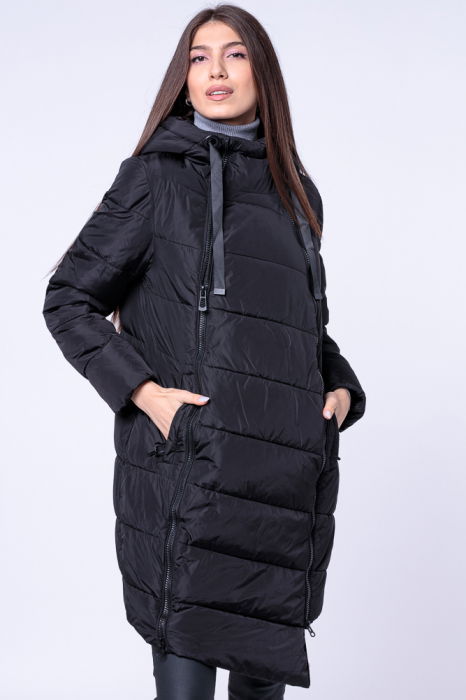 Geaca midi usor asimetrica, cu doua fermoare oblice, neagra [2]