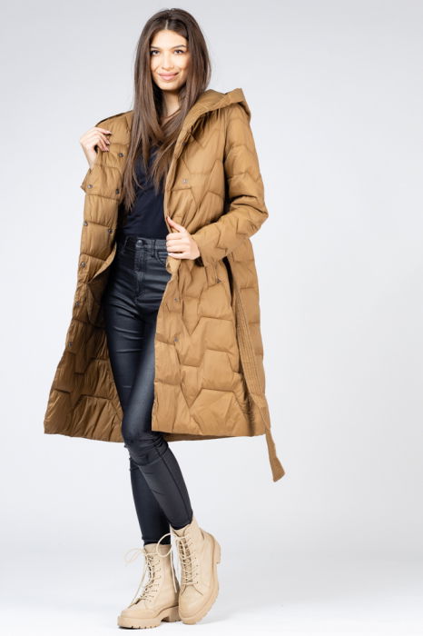 Geaca midi camel cu cordon si gluga [1]