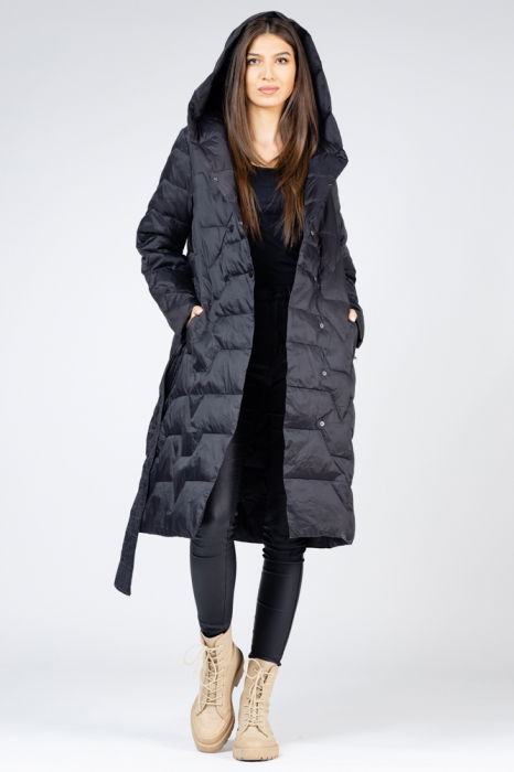 Geaca midi neagra cu cordon si gluga [2]