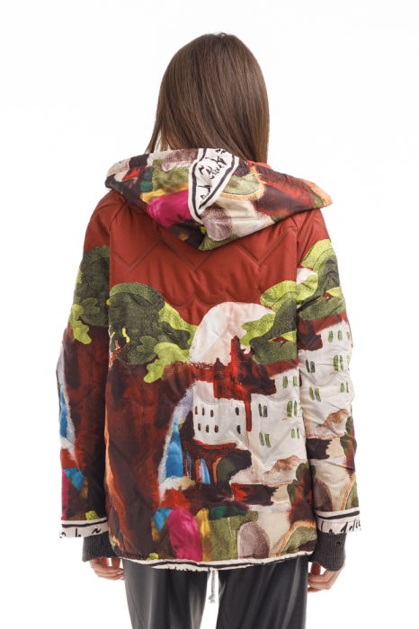 Geaca usoara matlasata, cu gluga si imprimeu  artistic multicolor [3]