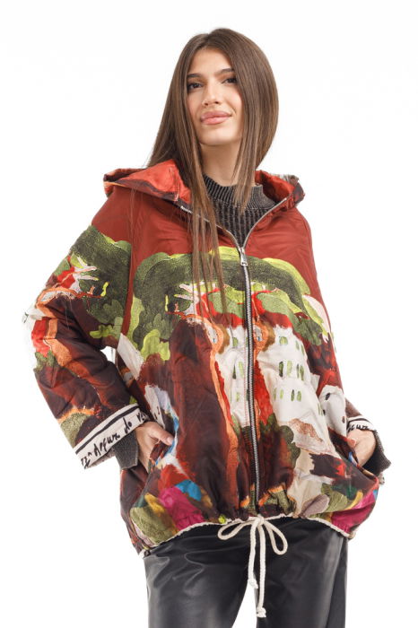 Geaca usoara matlasata, cu gluga si imprimeu  artistic multicolor [2]