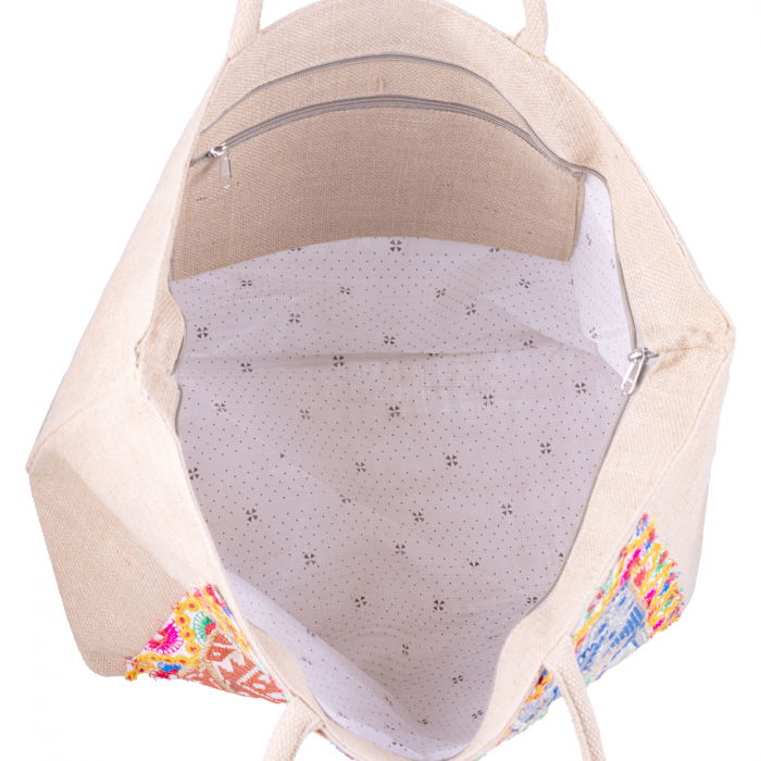 Geanta galbena din material textil natural tip sac, cu aplicatie unicat, brodata manual [3]