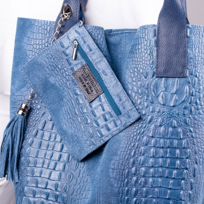 Geanta shopper albastra din piele intoarsa naturala [2]