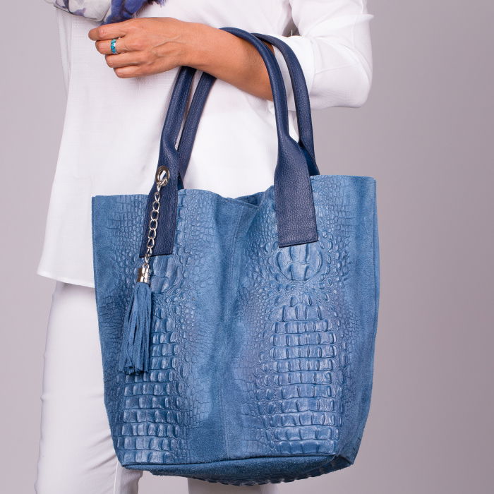 Geanta shopper albastra din piele intoarsa naturala