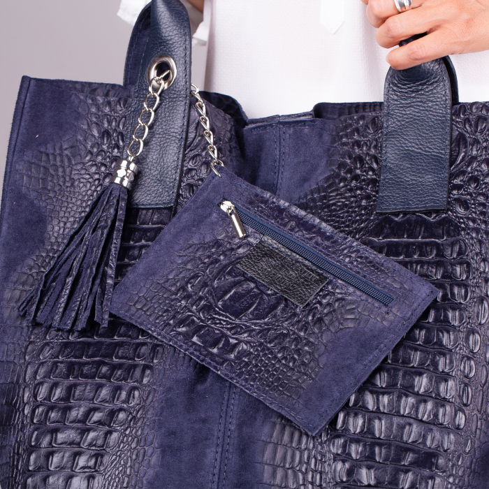 Geanta shopper bleumarin din piele intoarsa naturala [2]