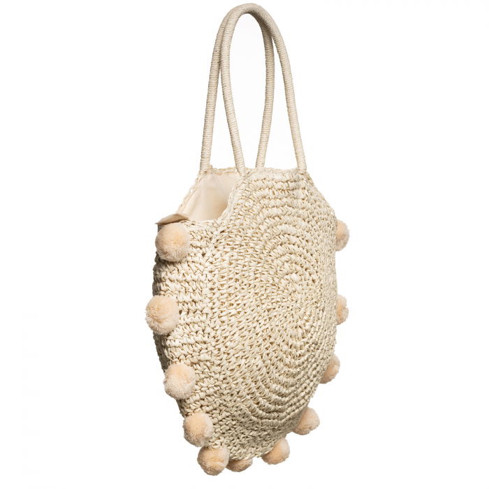 Geanta circulara mare impletita, cu ciucuri mari textili decorativi, bej deschis [2]