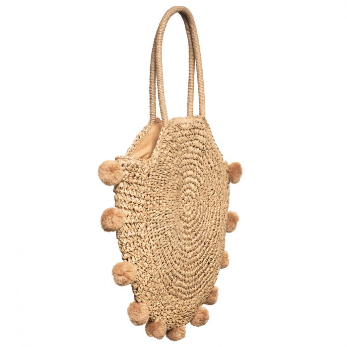 Geanta circulara mare impletita, cu ciucuri mari textili decorativi, bej inchis [2]