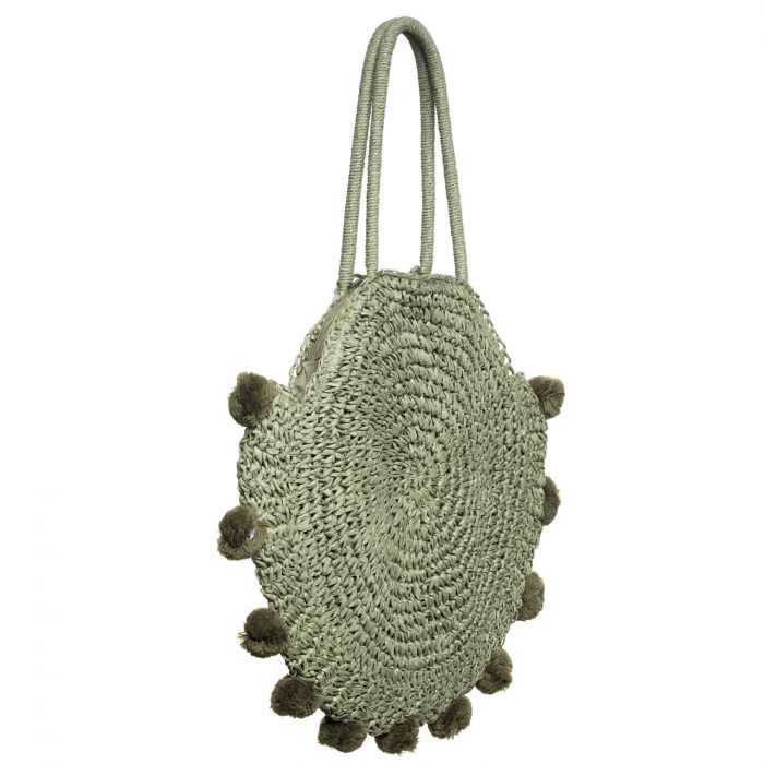 Geanta circulara mare impletita, cu ciucuri mari textili decorativi, verde prafuit [2]