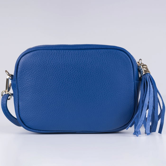 Geanta crossbody albastru electric din piele naturala, cu ciucure din piele [3]