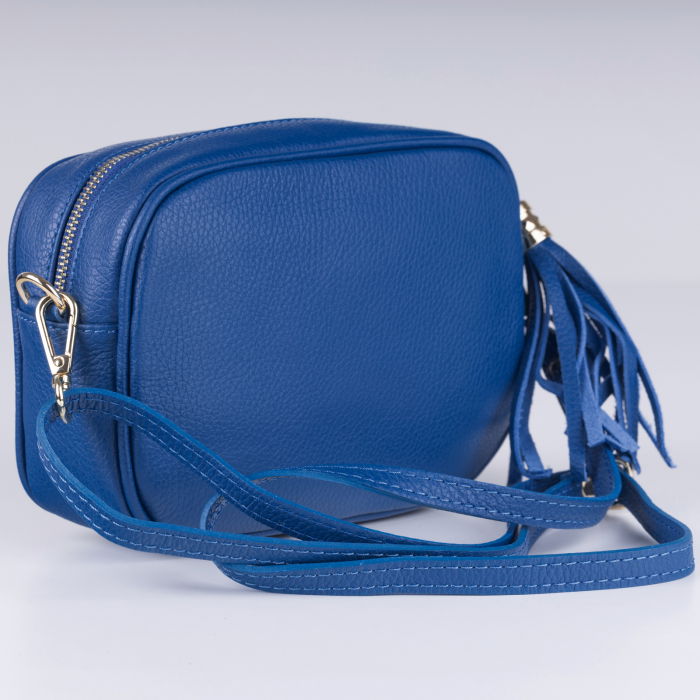 Geanta crossbody albastru electric din piele naturala, cu ciucure din piele [2]