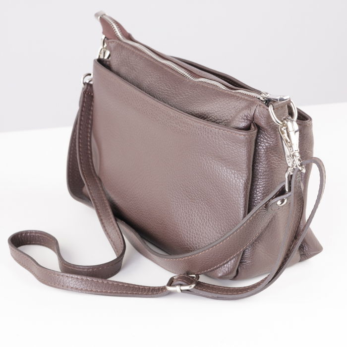 Geanta crossbody cu trei compartimente din piele naturala, maron ciocolata [2]