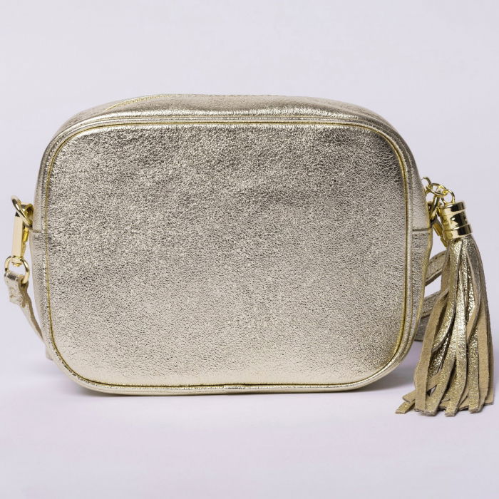 Geanta crossbody aurie din piele naturala, cu ciucure din piele [2]