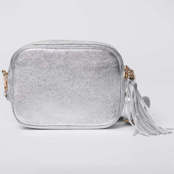 Geanta crossbody argintie din piele naturala, cu ciucure din piele [2]