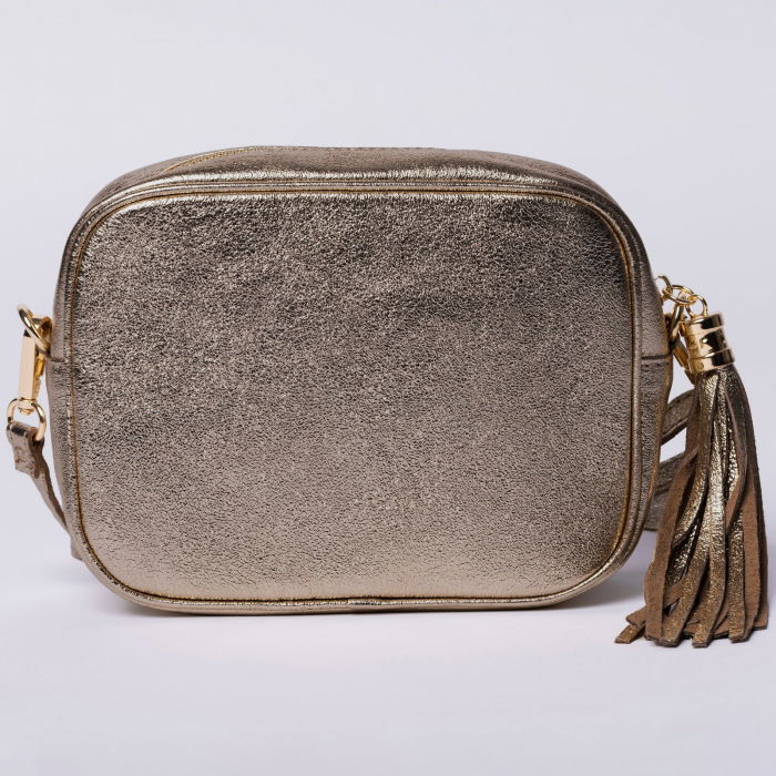 Geanta crossbody aurie inchis din piele naturala, cu ciucure din piele [3]