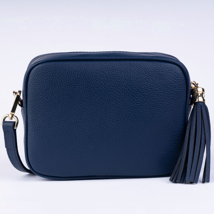 Geanta crossbody bleumarin din piele naturala, cu ciucure din piele [3]