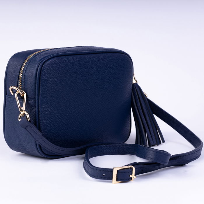 Geanta crossbody bleumarin din piele naturala, cu ciucure din piele [2]